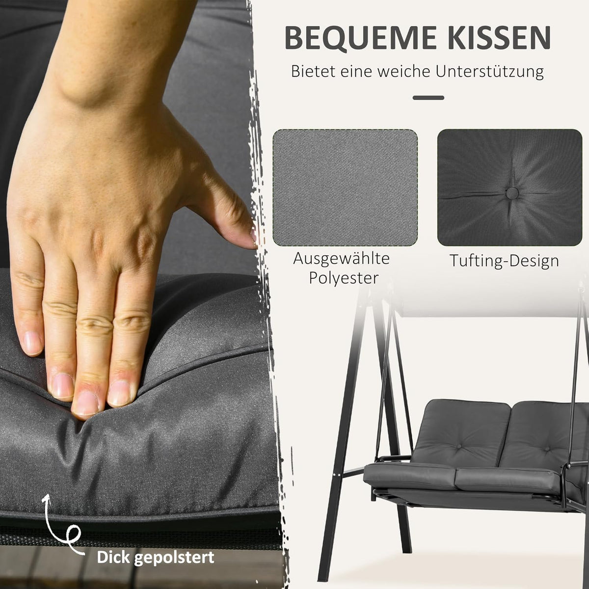 Tuinschommel 2-Persoons – Schommelbank – Tuinbank – Buitenbank – Zitschommel – Verstelbare Zonneluifel – Gepoedercoat Stalen Frame – Comfortabele Dikke Kussens – Donkergrijs