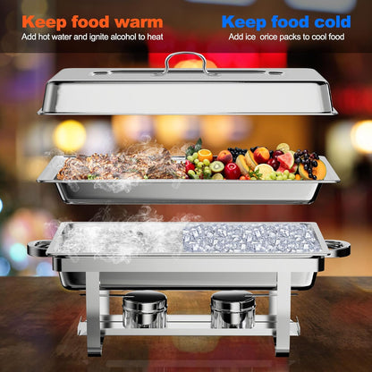 NArra 4-delig Chafing Dish Buffet Set, 9L Rechthoekige Catering Serveerplateaus van Roestvrij Staal met Voedselbak, Voedselwarmer met Opvouwbare Lijst voor Feesten, Diners, Catering, Bruiloften