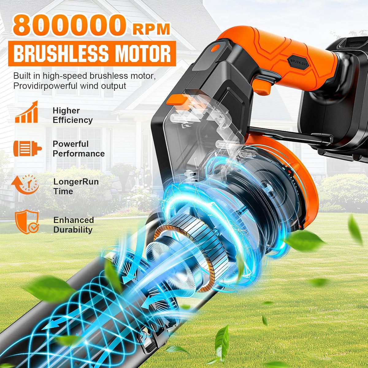 Accubladblazer, 2-in-1 bladblazer borstelloze met 2x6.0Ah accu's, Leaf Blower 3-versnellingen Max 800000RPM, luchthoeveelheid 850m³/h, verticale en horizontale modus bladblazer voor tuin, bladeren