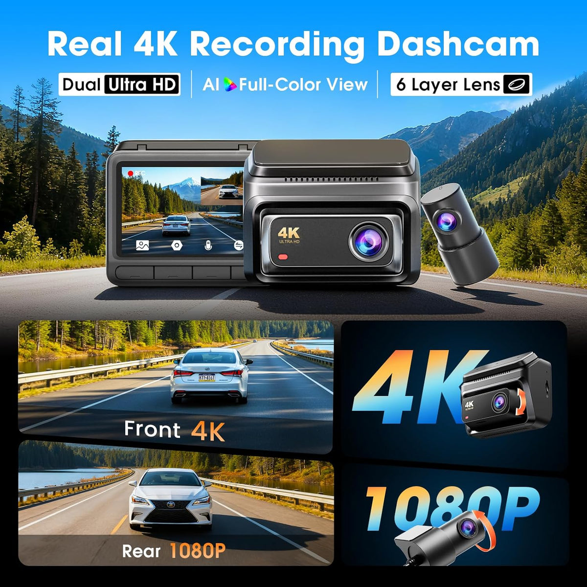Dashcam Auto Voor En Achter – Autocamera – Rijcamera – Dashboardcamera – Dubbele Dashcam – 4K Voor + 1080p Achter – Full Colour Nachtzicht