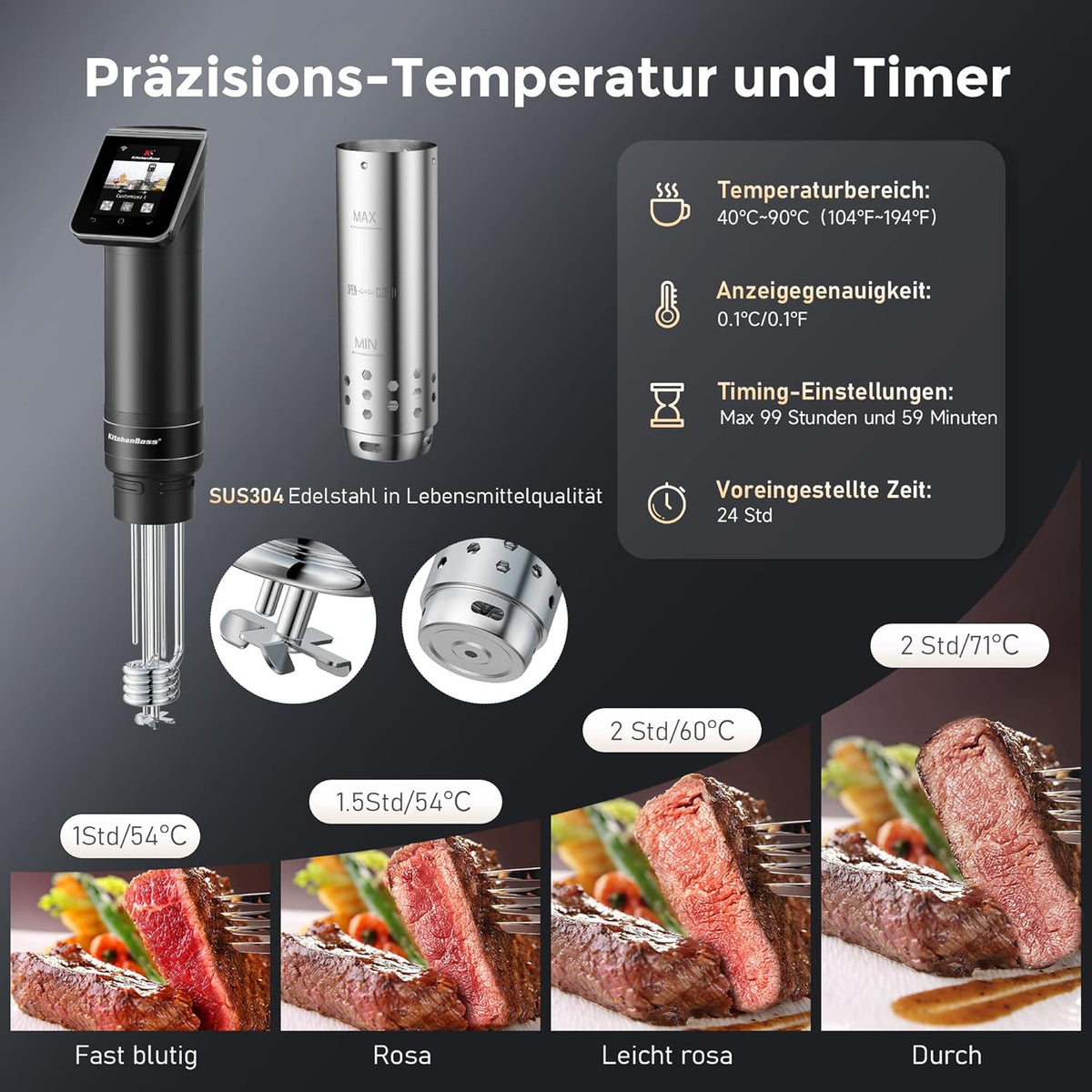 KitchenBoss Sous Vide Garer Stick WLAN: G330 Wifi precisiekooktoestel, nauwkeurige temperatuurinstelling tot 90 graden Celsius, IPX7 waterdicht, TFT, onderdompeling 360 graden circulatie met timer