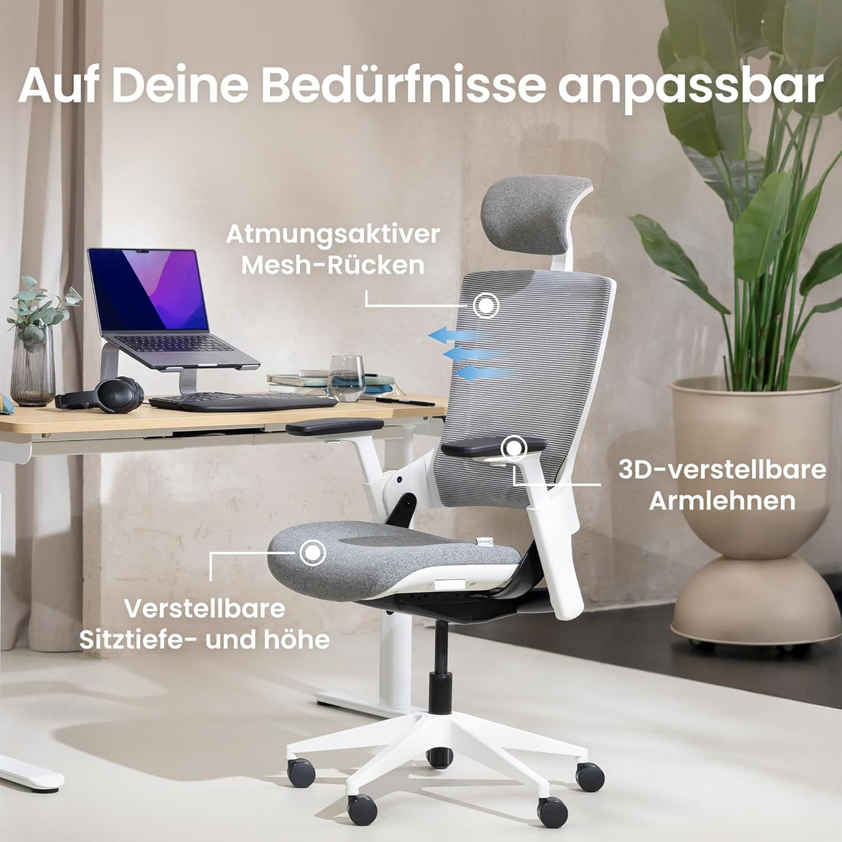 Ergonomische Bureaustoel – Bureaustoel Kantoor – Bureaustoel Met Wieltjes – Draaibare Bureaustoel – Orthopedische Bureaustoel – Synchroonmechanisme Voor Natuurlijke Houding – Verstelbare Lendensteun en Hoofdsteun