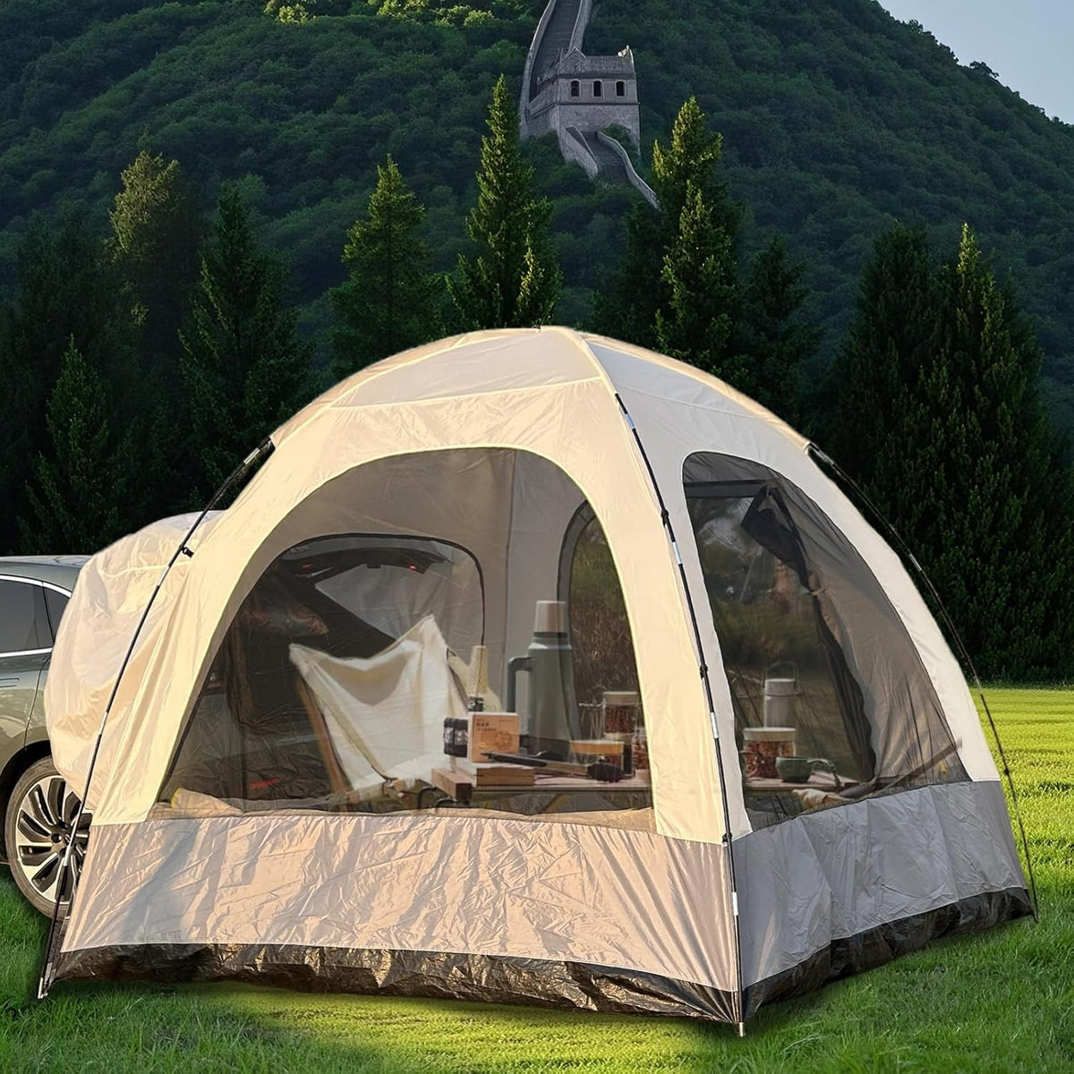6-Persoons Auto Tent met Waterdicht Dak, Grote Autotent Voor SUV 300x300x220 cm, met 3000 mm waterkolom. Polyester Achtertent Voertuig, Perfect Voor Kamperen/Autoreizen/Festivals.