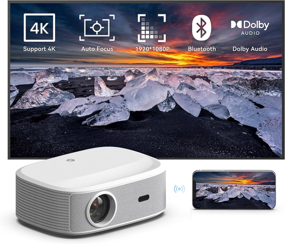 Maxxo Projector LED800, 700 ANSI lumen, Native Full HD 1080P, ondersteuning 4K, 5000:1, autofocus, 5G WiFi, Bluetooth, Dolby Audio, gecertificeerde Netflix, YouTube, Prime Video, Linux (wit)