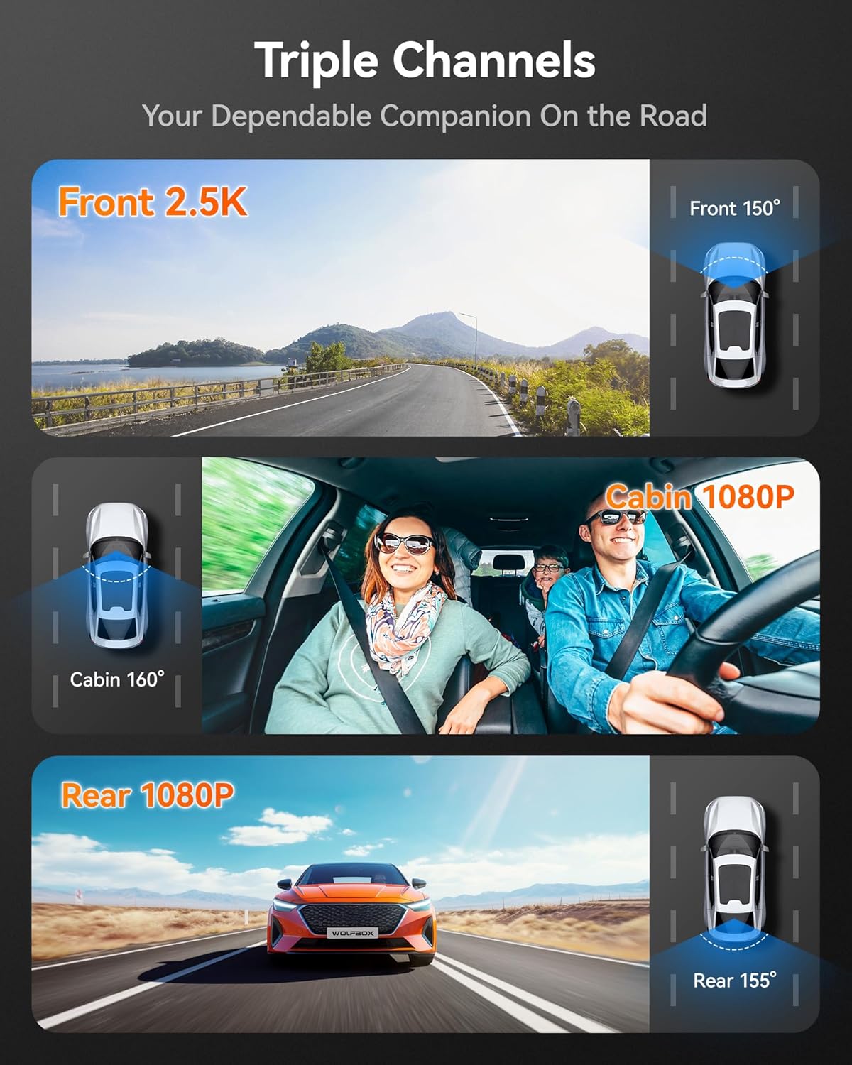 3-kanaals Dashcam – Auto Beeldrecorder – Video Camera – Rijcamera – GPS Dash Cam – 4K Frontcamera & IR Nachtzicht – 3 Inch LCD Scherm - QUORE