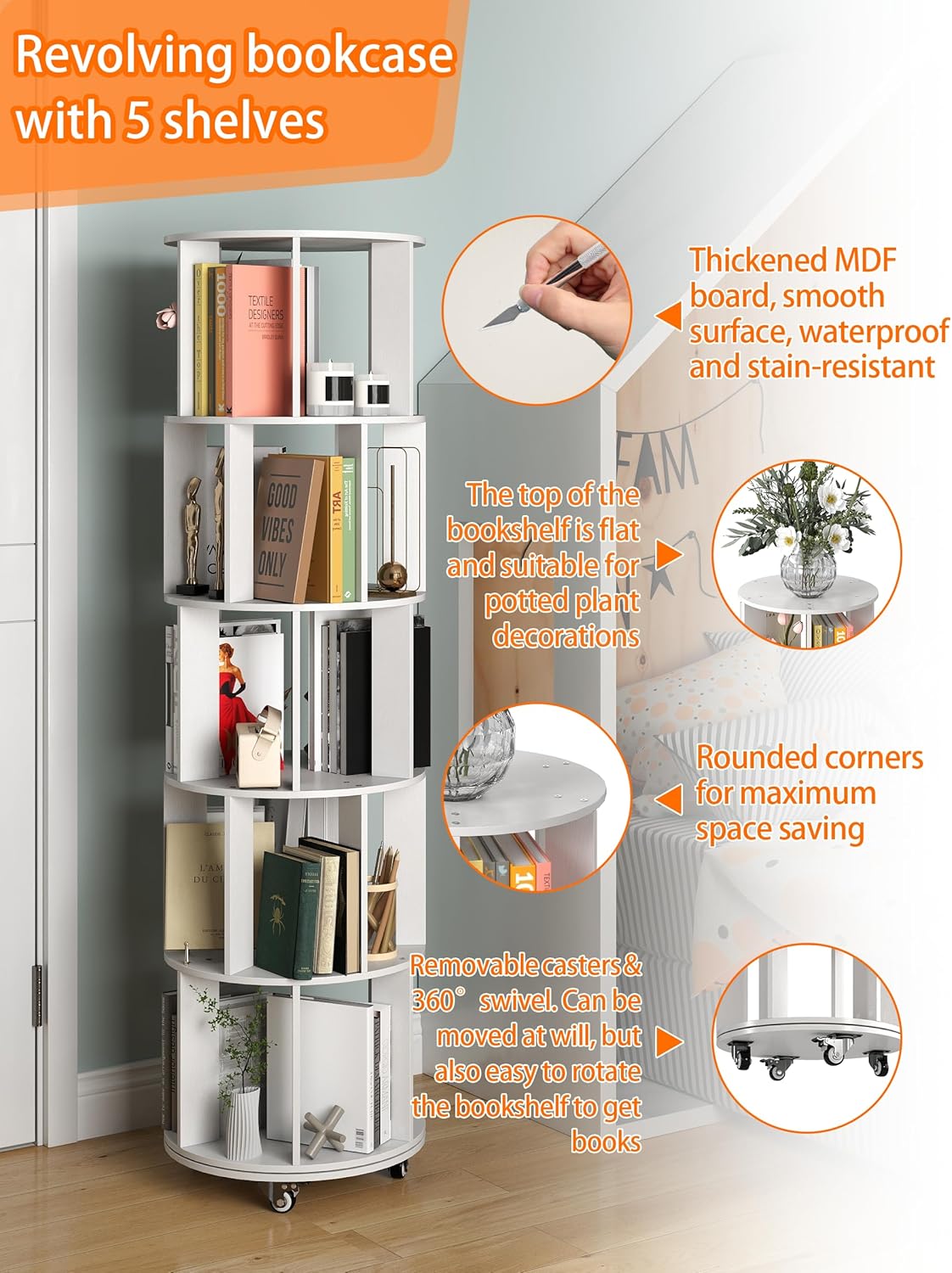 Roterende Boekenplank 360° draaibare boekenkast voor Kinderkamer Vrijstaande Roterende Boekenkast Multifunctionele Display Organizer voor Thuis Studiekamer Slaapkamer (Wit)