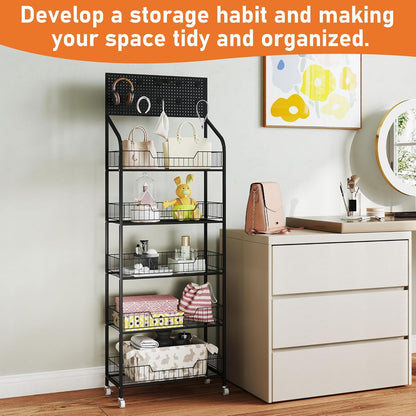 5-Laags Displayrek Op Wielen – Opbergrek – Winkelrek – Presentatierek – Snackrek – 60 X 27 X 170 Cm – Metalen Frame Met 10 Afneembare Haken