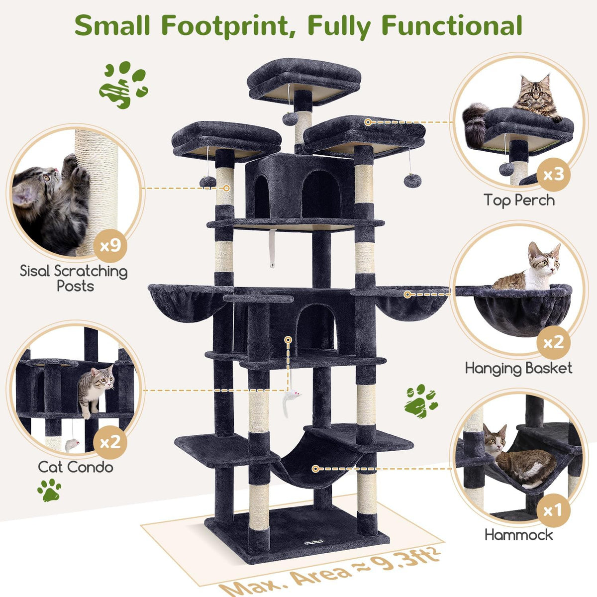 Kattenkrabpaal XXL – Krabmeubel – Kattenboom – Krabpaal – Speelmeubel – Extra Hoog 204 cm – Zachte Pluche Bekleding – 3 Afneembare Zitstokken – 2 Kattenhuisjes – Donkergrijs