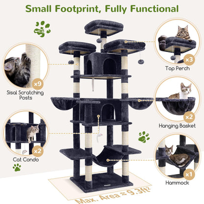 Kattenkrabpaal XXL – Krabmeubel – Kattenboom – Krabpaal – Speelmeubel – Extra Hoog 204 cm – Zachte Pluche Bekleding – 3 Afneembare Zitstokken – 2 Kattenhuisjes – Donkergrijs