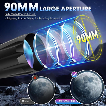 Telescoop, astronomie, volwassenen, professioneel, 90 mm diafragma 800 mm, AZ-standaard, astronomische refractortelescoop voor kinderen, beginners, voor het bekijken van maan en planeten