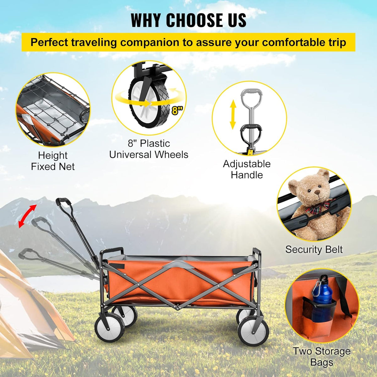 Deeper Festival Trolley - Verstelbare stuurstang - Afneembare luifel - Oxford-doek - Outdoor Camping Strandkar - Oranje en grijs - QUORE
