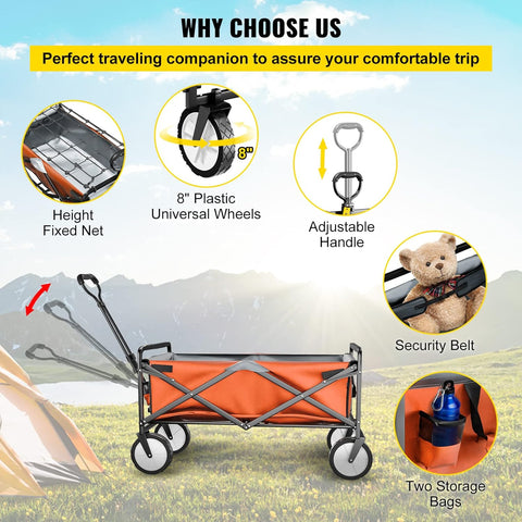 Deeper Festival Trolley - Verstelbare stuurstang - Afneembare luifel - Oxford-doek - Outdoor Camping Strandkar - Oranje en grijs - QUORE