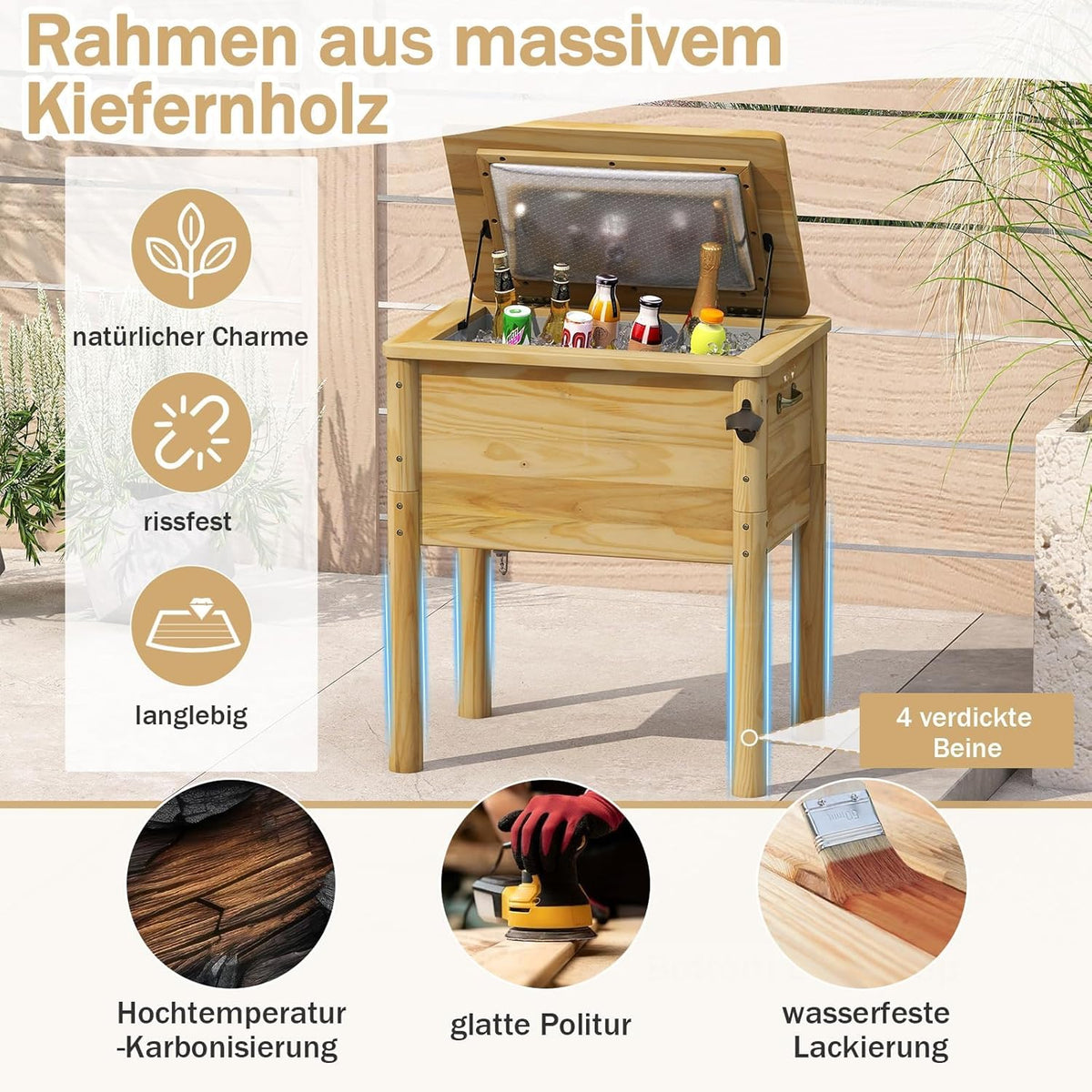 FANTASK Terrassenkoeler, hout, 51 l, rustieke eistrui met 3 handgrepen, flesopener en afvoersluiting, outdoor-terrassenkoeler voor BBQ, cookouts, tuin, terras, zwembad, feest, 67 x 47 x 74 cm