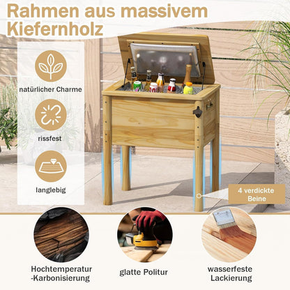 FANTASK Terrassenkoeler, hout, 51 l, rustieke eistrui met 3 handgrepen, flesopener en afvoersluiting, outdoor-terrassenkoeler voor BBQ, cookouts, tuin, terras, zwembad, feest, 67 x 47 x 74 cm