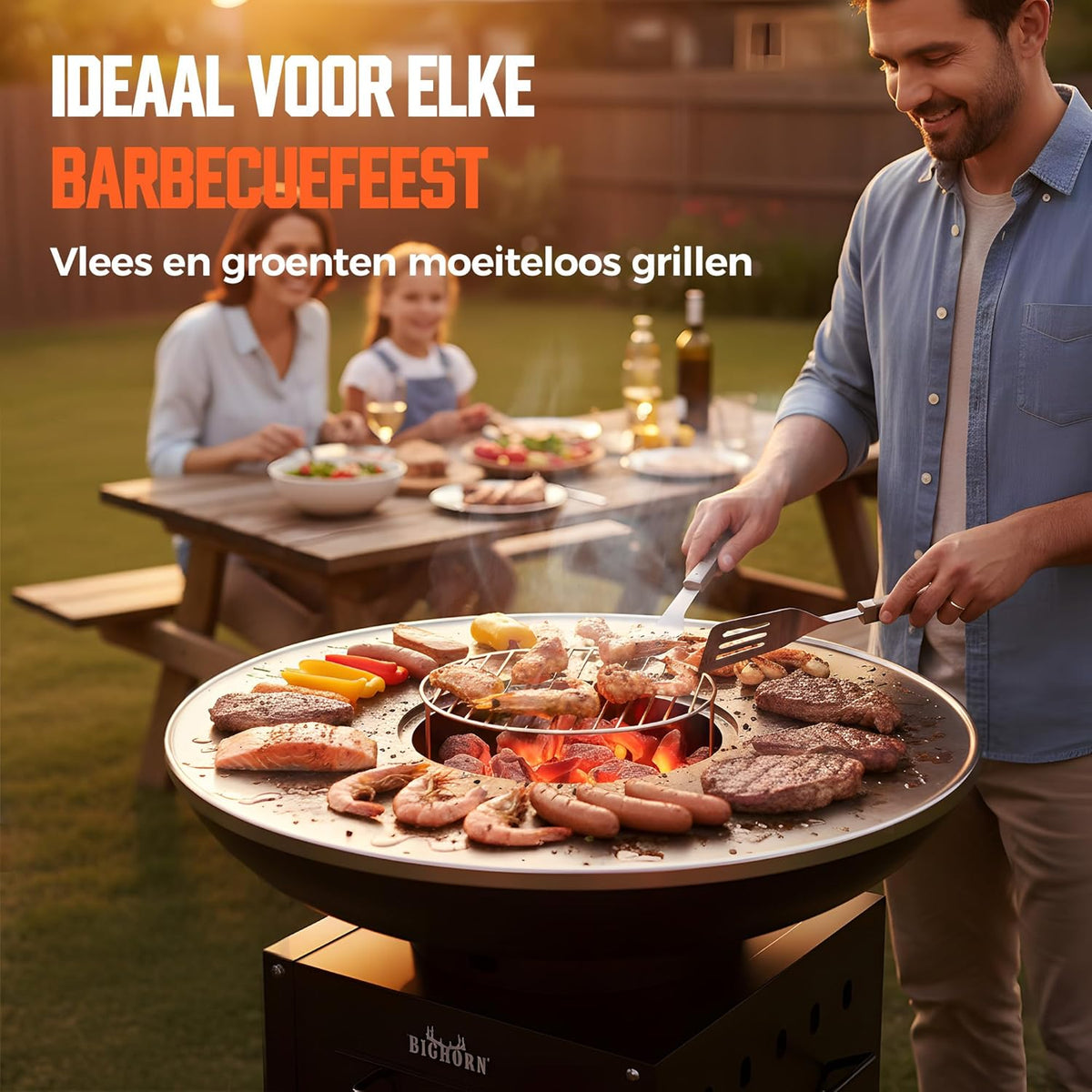 Big Horn Outdoors Plancha Grill Fire Bowl with 60 cm Stainless Steel Teppanyaki and BBQ Grill Plate, Outdoor Kitchen for Garden Party, Camping Outdoor Cooking - QUORE
