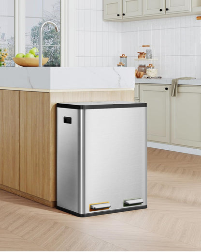 Hzuaneri Kitchen Waste Bin, Waste Separation System (2 x 30 litres), Stainless Steel Kitchen Waste Bin with Color Coded Pedal, Silent and Slow Baging, Includes 15 Waste Bags, Silver Color SW23099E