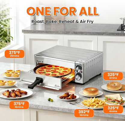 Anatole Elektrische Pizzaoven & Heteluchtfriteuse, RVS, 30.5 cm, 1800 W, Tijd- en Temperatuur Instelbaar, Met Circulatielucht, Inclusief Afneembaar Grillrek, Kruimellade en Ovenhandschoenen