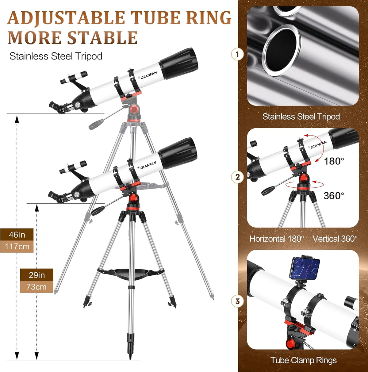 Dianfan Telescoop, 90 mm Opening, 800mm Telescoop Astronomie voor Volwassenen, 32X-240X Refractor Telescopen voor Kinderen en Beginners met Telefoonadapter, AZ Montuur, Statief en Draagtas