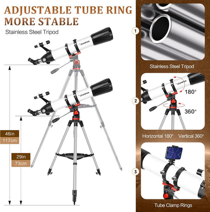 Dianfan Telescoop, 90 mm Opening, 800mm Telescoop Astronomie voor Volwassenen, 32X-240X Refractor Telescopen voor Kinderen en Beginners met Telefoonadapter, AZ Montuur, Statief en Draagtas