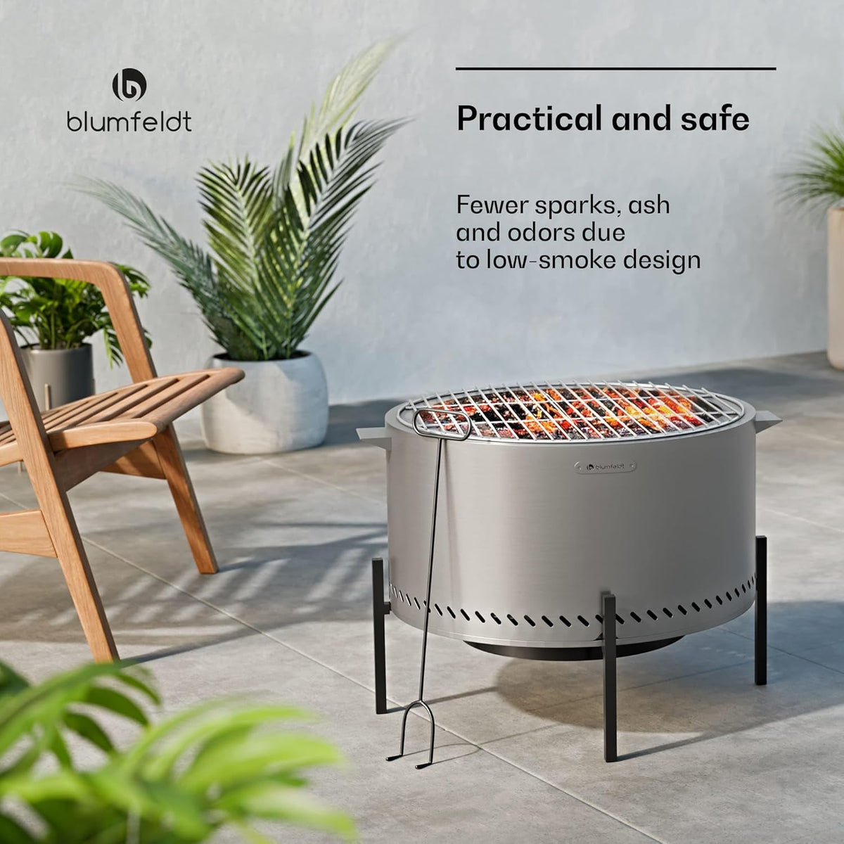blumfeldt Ignite Pure vuurschaal - bijna rookvrij, roestvrijstalen frame, draagbaar en compact, incl. grillrooster en regenbescherming, gemakkelijk schoon te maken, perfect voor tuin & camping