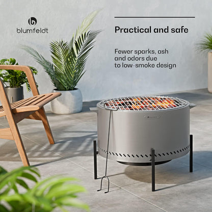 blumfeldt Ignite Pure vuurschaal - bijna rookvrij, roestvrijstalen frame, draagbaar en compact, incl. grillrooster en regenbescherming, gemakkelijk schoon te maken, perfect voor tuin & camping