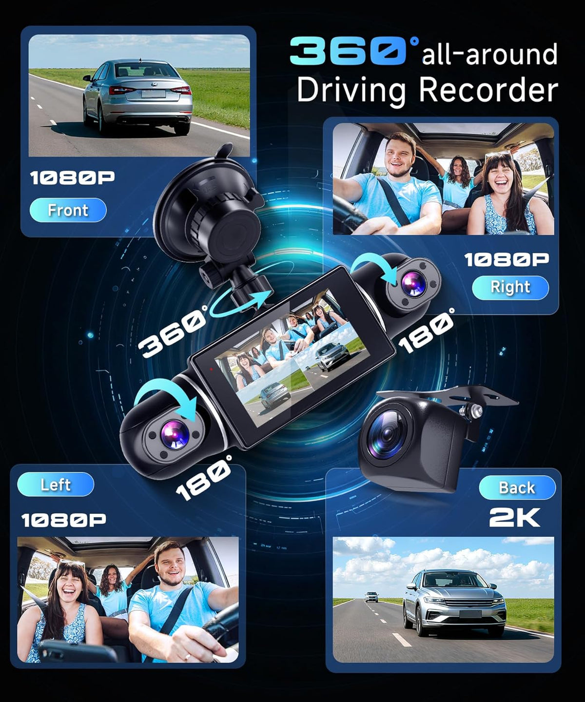 Dashcam 2K Car with WiFi, 4 1080P Dash Cams with 3 Inch IPS Display, Night Vision, Accelerometer, 360 Degree Protection, Supports 128G, G-Sensor - QUORE