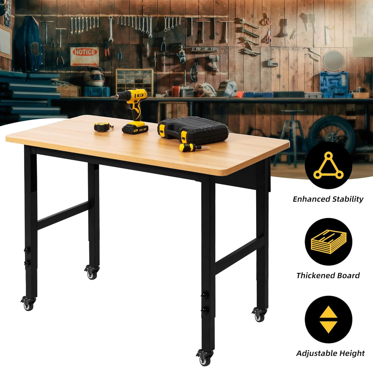 Verstelbare werkbank met wielen, oprolbare werktafel voor garage, grote capaciteit hardhouten werkbank, zware tafel voor workshop, kantoor, garage, thuis