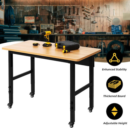 Verstelbare werkbank met wielen, oprolbare werktafel voor garage, grote capaciteit hardhouten werkbank, zware tafel voor workshop, kantoor, garage, thuis