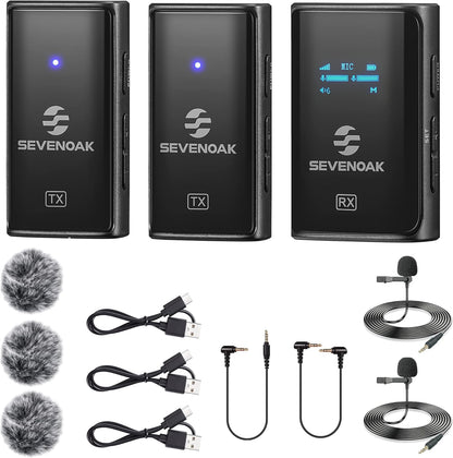SevenOak Draadloos Lavalier microfoonsysteem, met OLED, 2,4 GHz dual microfoon met stereo/mono voor camera, telefoon, iPhone, PC, video-opname, interview, vlog live stream, SKM-W4 K2 (2 TX+1 RX)