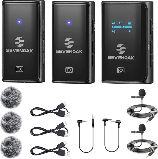 SevenOak Draadloos Lavalier microfoonsysteem, met OLED, 2,4 GHz dual microfoon met stereo/mono voor camera, telefoon, iPhone, PC, video-opname, interview, vlog live stream, SKM-W4 K2 (2 TX+1 RX)