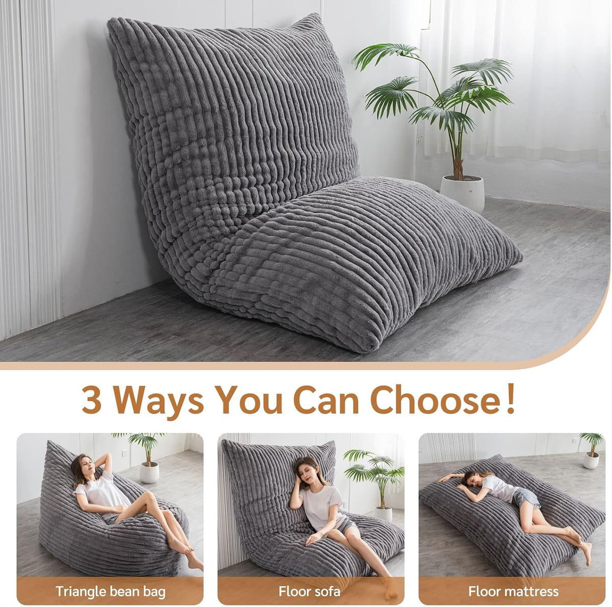 MAXYOYO Huge Bean Bag Bed, Square Bean Bag Chair, Large Faux Fur Sofa and Fluffy Filling for Adults Couples Guests (Corduroy Grey, 150x200cm)