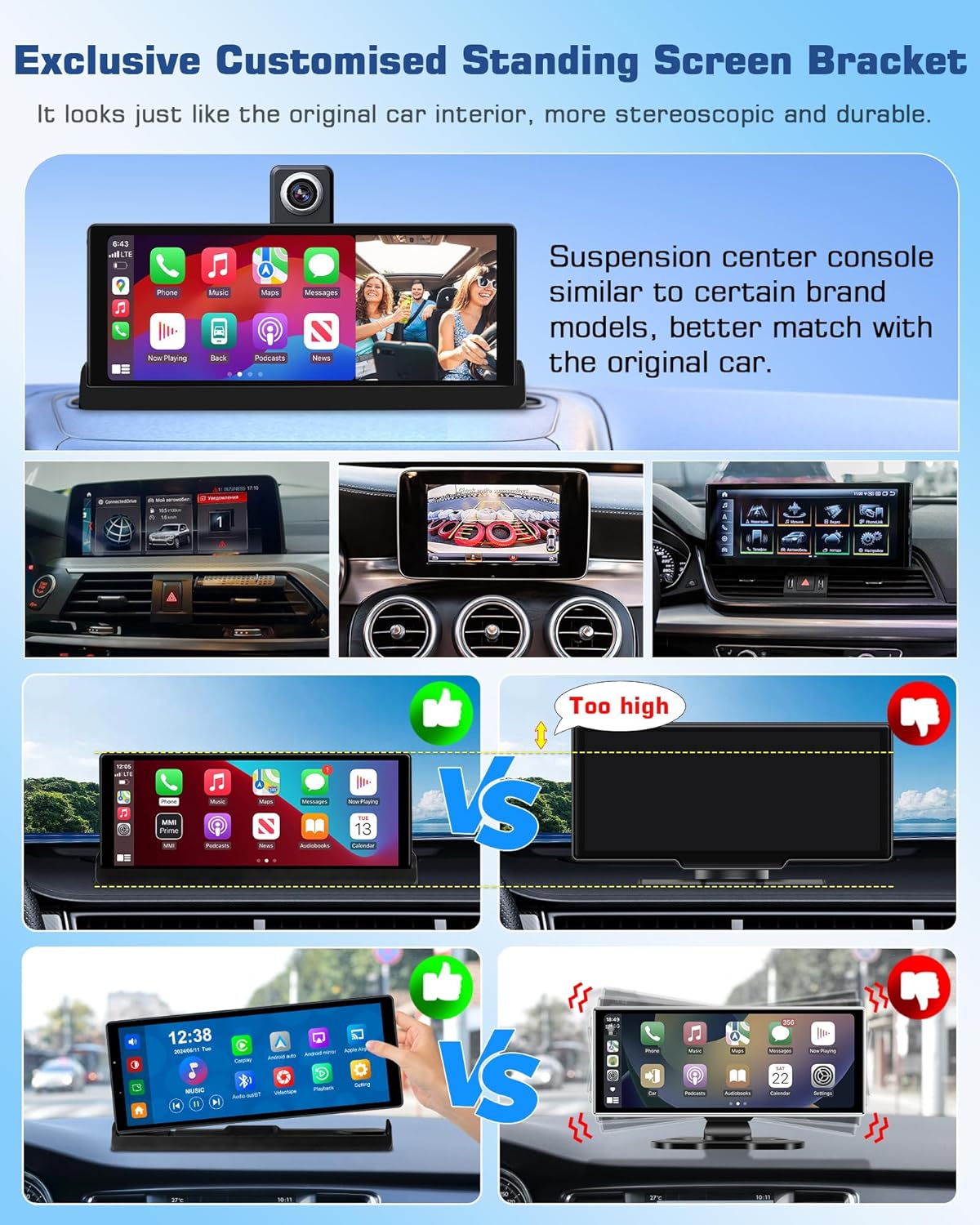 Exclusieve houder: Carplay display, Android autodisplay met 350° draaibare 4K dashcam, 10,26 inch draagbare driveplay-autoradio, Carplay Dual-Bluetooth rijnavigatie Siri G-oogle