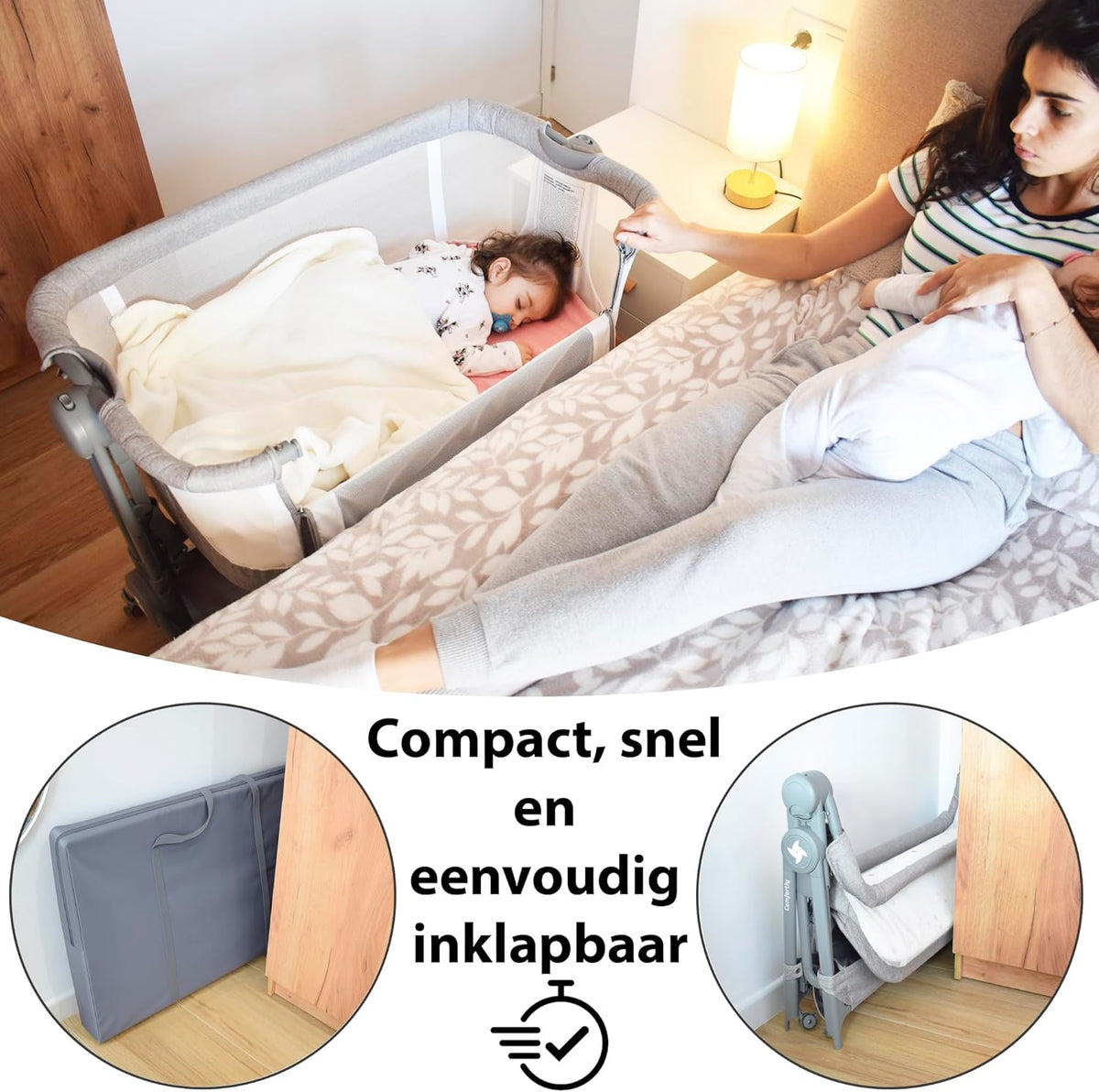 Comfortly 2-in-1 babybed en Mosesmand met wieltjes, inklapbaar, zonder montage, in hoogte verstelbaar en anti-terugstroomfunctie, incl. matras, laken van katoen en tas (grijs)
