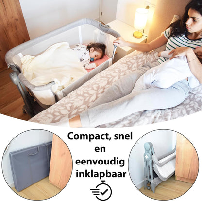 Comfortly 2-in-1 babybed en Mosesmand met wieltjes, inklapbaar, zonder montage, in hoogte verstelbaar en anti-terugstroomfunctie, incl. matras, laken van katoen en tas (grijs)