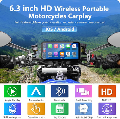 Motorfiets Display – Motorfiets Navigatie – Motorfiets Scherm – Motorfiets Autoradio – Draadloos CarPlay & Android Auto – 6,3-inch HD IPS Touchscreen – Dubbele 1080P Dashcam Voor & Achter