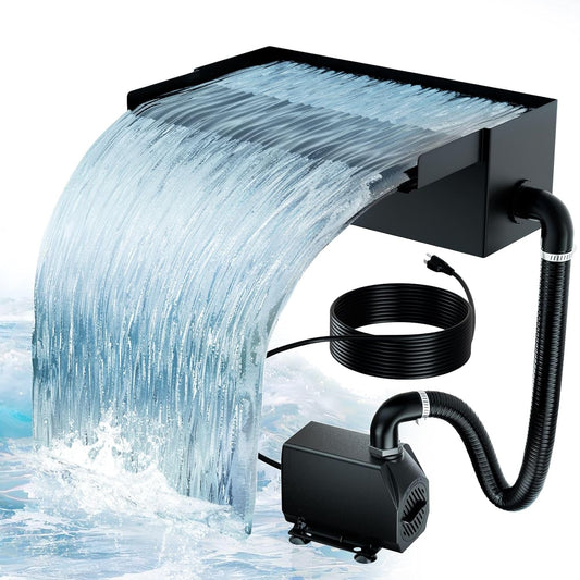 Biling Vijver waterval bladenset, 30 cm roestvrijstalen overloop zwembadfontein met 2500 L/H pomp en duurzame buis voor vijver, zwembad, beekloop, tuin, terras