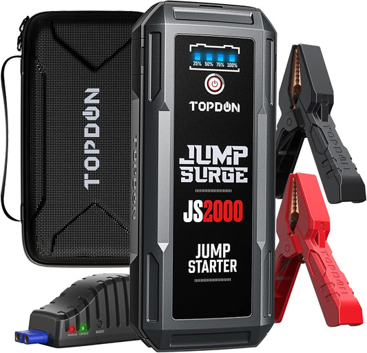 TOPDON JS2000 Car Battery Booster 2000Amp 16000mAh, Jump Starter for Cars up to 8L Diesel and 6L, 12V Car Starter with LED, USB Quick Charge for Electrical Devices - QUORE