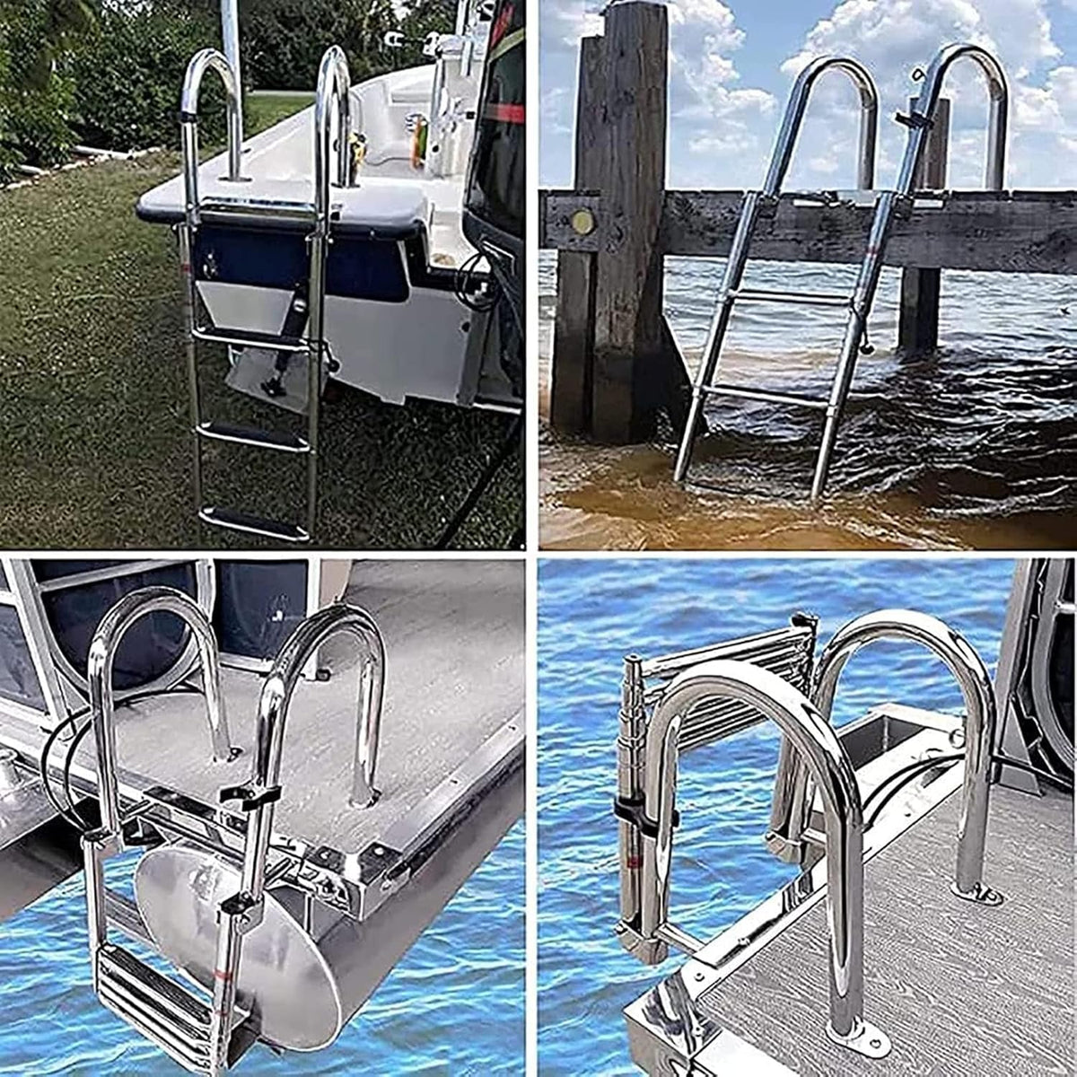 KAOLALI Ponton Bootladder, 4 treden, opvouwbaar, roestvrij staal, marine achterinstap, telescopische ladder met brede treden, zwemdekladder met pedaal, polsen, laadcapaciteit 200 kg