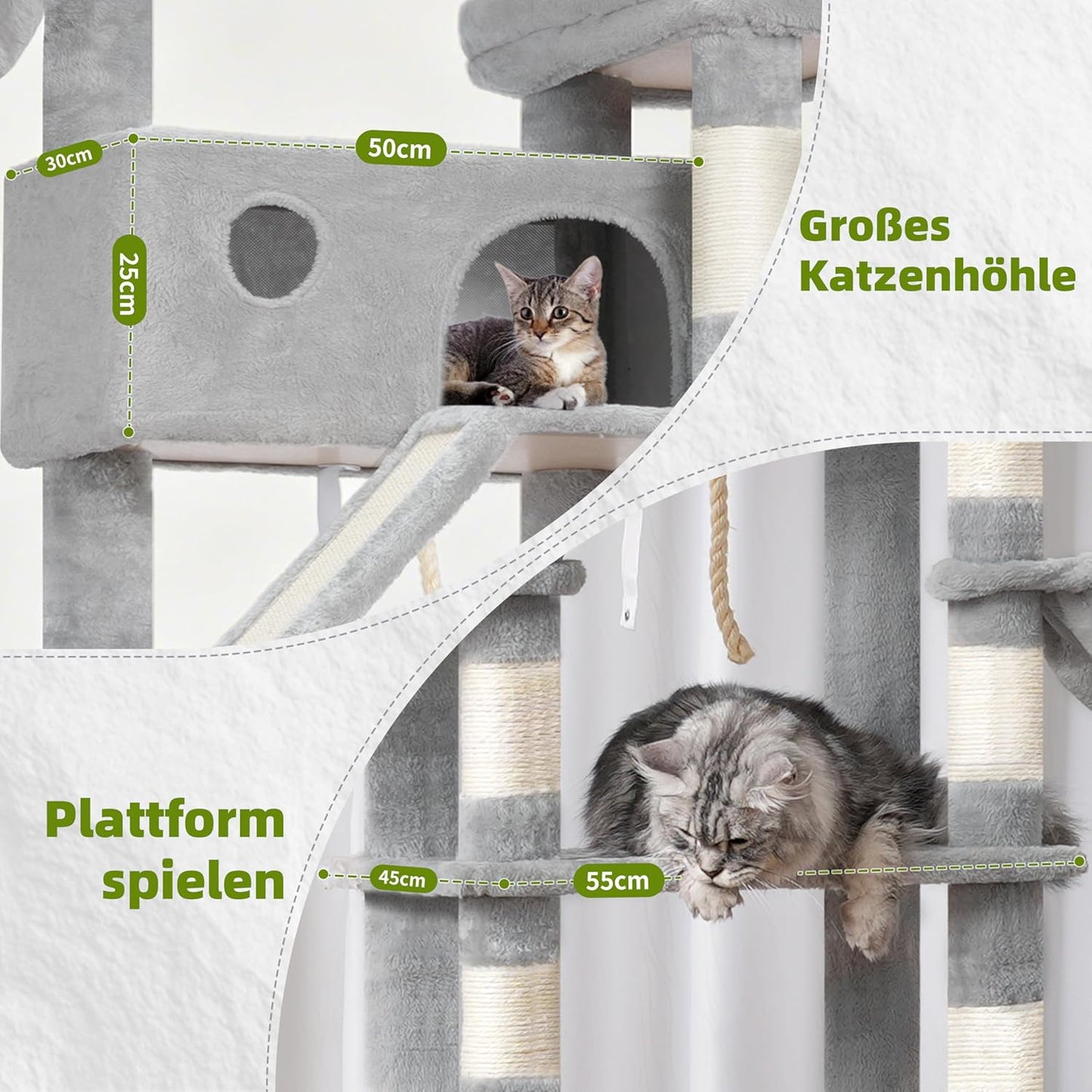 Krabpaal groot, kattenboom grote katten stabiel voor binnen, 200 cm kattenkrabpaal met ruime platforms, kattenholen, hangmat, sisalzuilen, lichtgrijs GCT031W