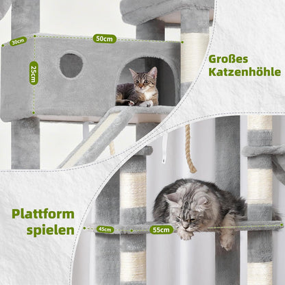 Krabpaal groot, kattenboom grote katten stabiel voor binnen, 200 cm kattenkrabpaal met ruime platforms, kattenholen, hangmat, sisalzuilen, lichtgrijs GCT031W