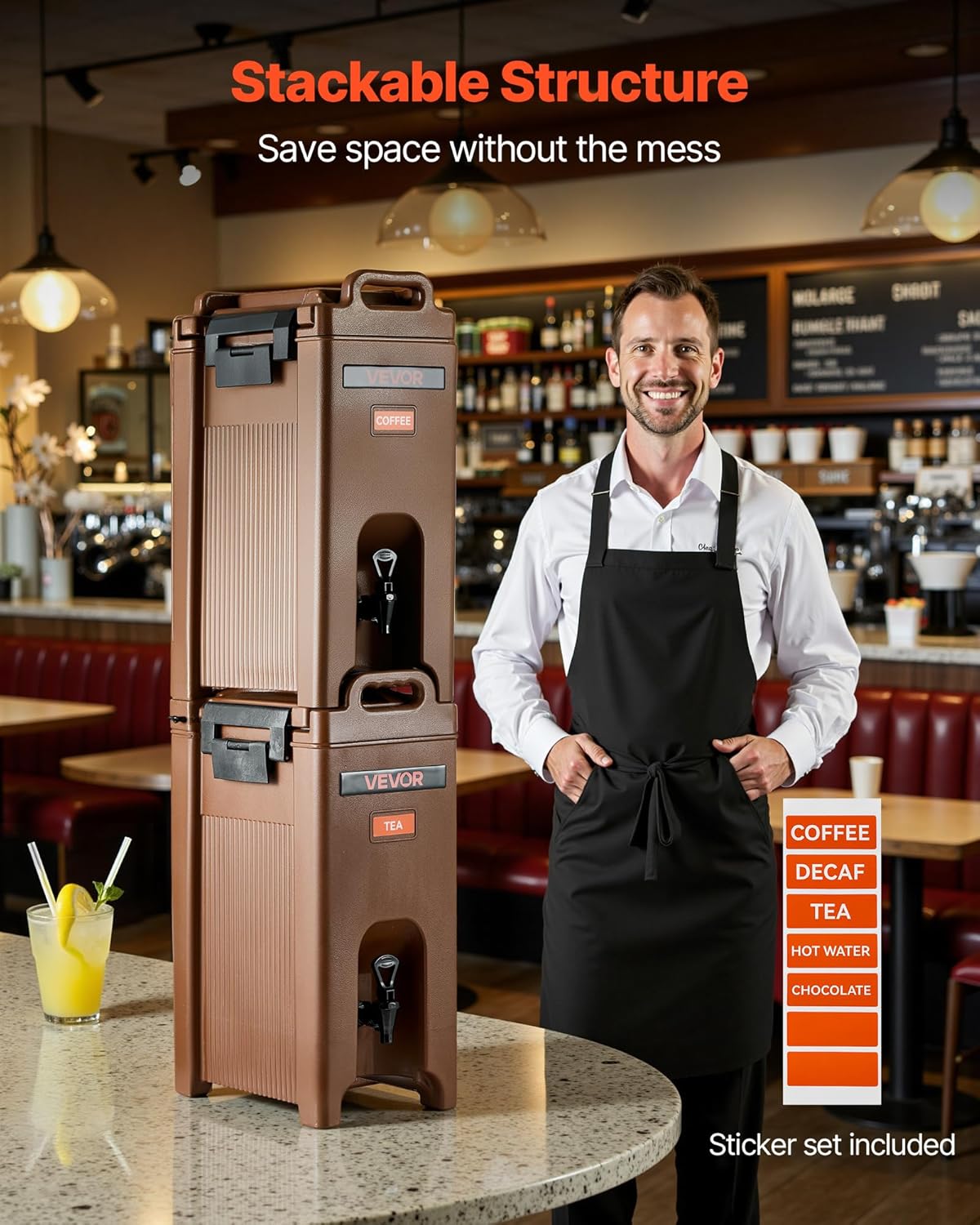 VEVOR Geïsoleerde drankdispenser, 19 l, warme en koude drankdispenser met tapkraan en handvat, voedselveilige thermische drankdispenser, koeler voor thee, koffie, water in cafés en restaurants, bruin