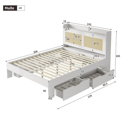 Bedkasten – Opbergbed – Tweepersoonsbed – Massief Houten Bed – Opbergladen – 140x200 cm – Rattan Decoratie – Ruime Opberglades