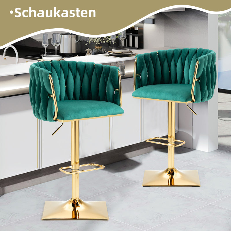 Barkrukken Set – Barstoelen – Keukenstoelen – Draaibare Krukken – Eetkamerstoelen – Verstelbare Hoogte – 360° Draaibaar Met Gouden Frame – Smaragdgroen Fluweel