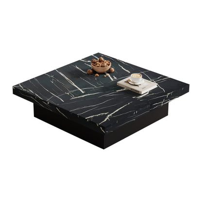 Modern Black Square Coffee Table, Marble Look, 90 X 90 X 25 Cm - Four Drawers, Sliding Tabletop, Load Capacity Up To 30 Kg
