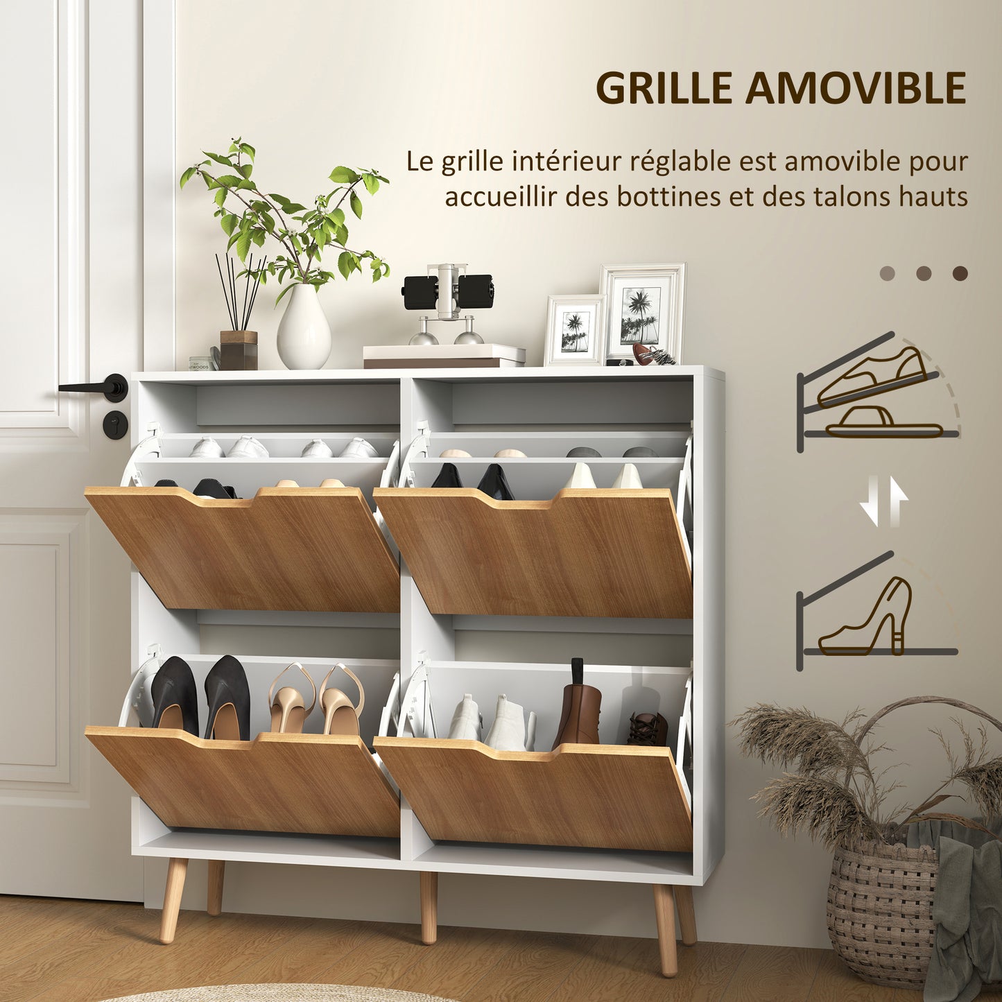 Schoenenkast – Schoenenrek – Schoenenopberger – Schoenenbank – 4 Deuren – 16 Paar Ruimte – Spaanplaat Met Houten Poten – Smal En Hoog Design