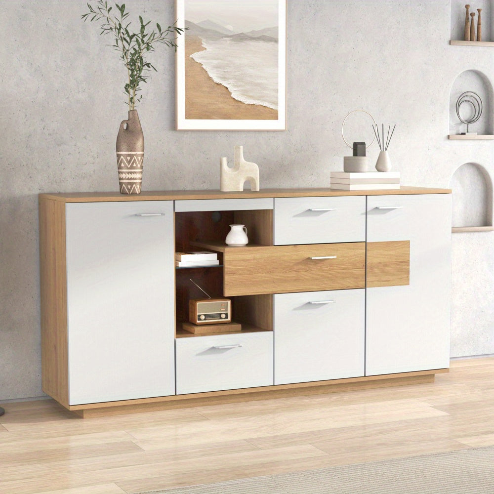 Modern White Wood-Look Foyer Storage Cabinet with 2 Doors, 4 Drawers & Glass Shelves - 160x40x77cm Multifunctional Sideboard for Living Room, Entryway, or Office - Easy Assembly, No Power Needed, Cabinet Storage, Entryway Org