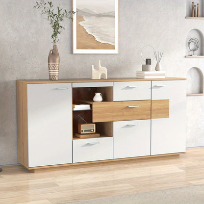 Modern White Wood-Look Foyer Storage Cabinet with 2 Doors, 4 Drawers & Glass Shelves - 160x40x77cm Multifunctional Sideboard for Living Room, Entryway, or Office - Easy Assembly, No Power Needed, Cabinet Storage, Entryway Org