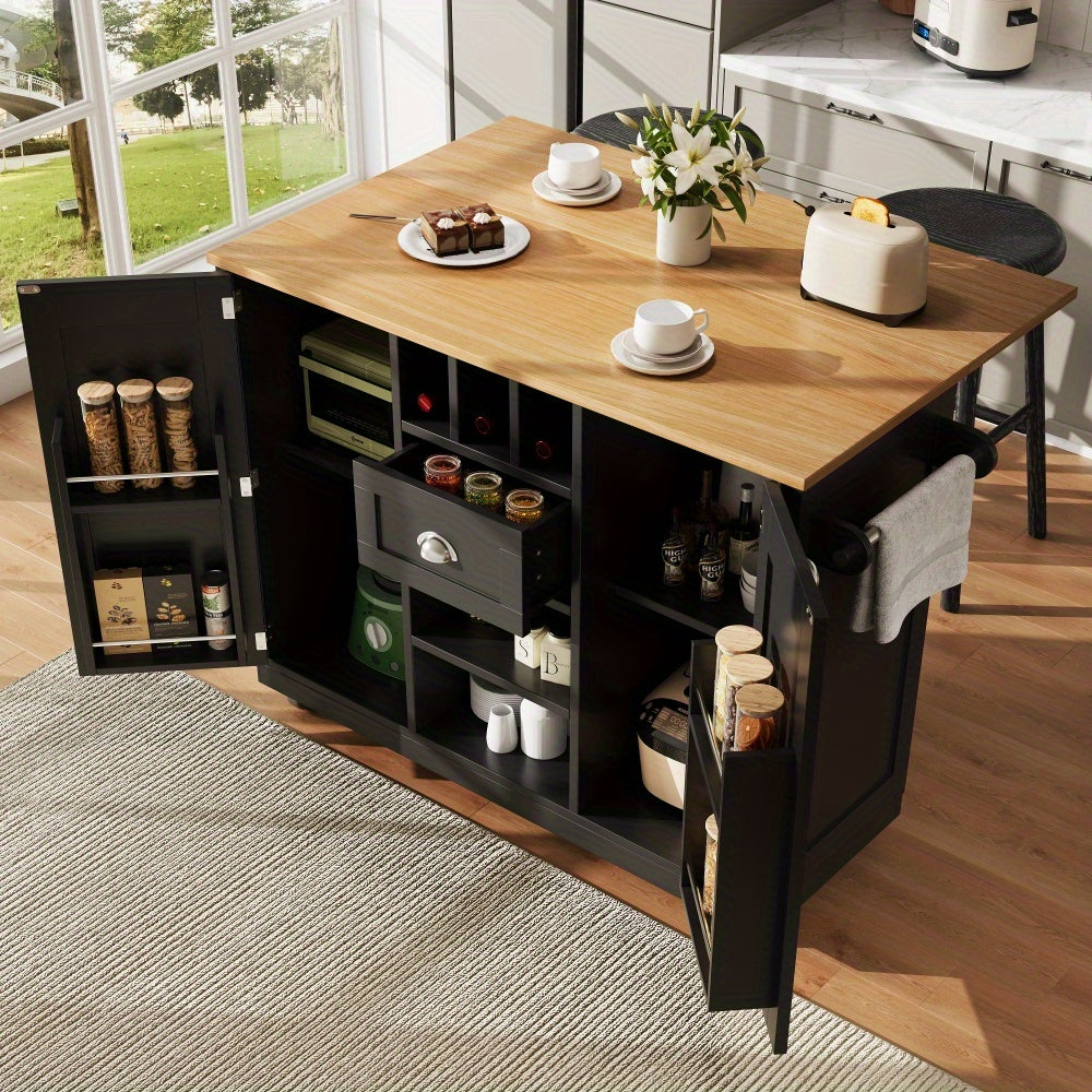 Kitchen Island – Sideboard – Buffetwagen – Keukentrolley – Serveerwagen – Zwart – Met Wijnrek – 4 Zwenkwieltjes