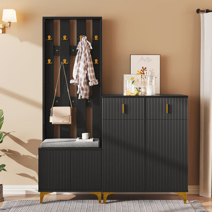 Wardrobe Set With Shoe Bench And Cushions, Wardrobe Front With Hooks, Shoe Cabinet With Drawers And Doors