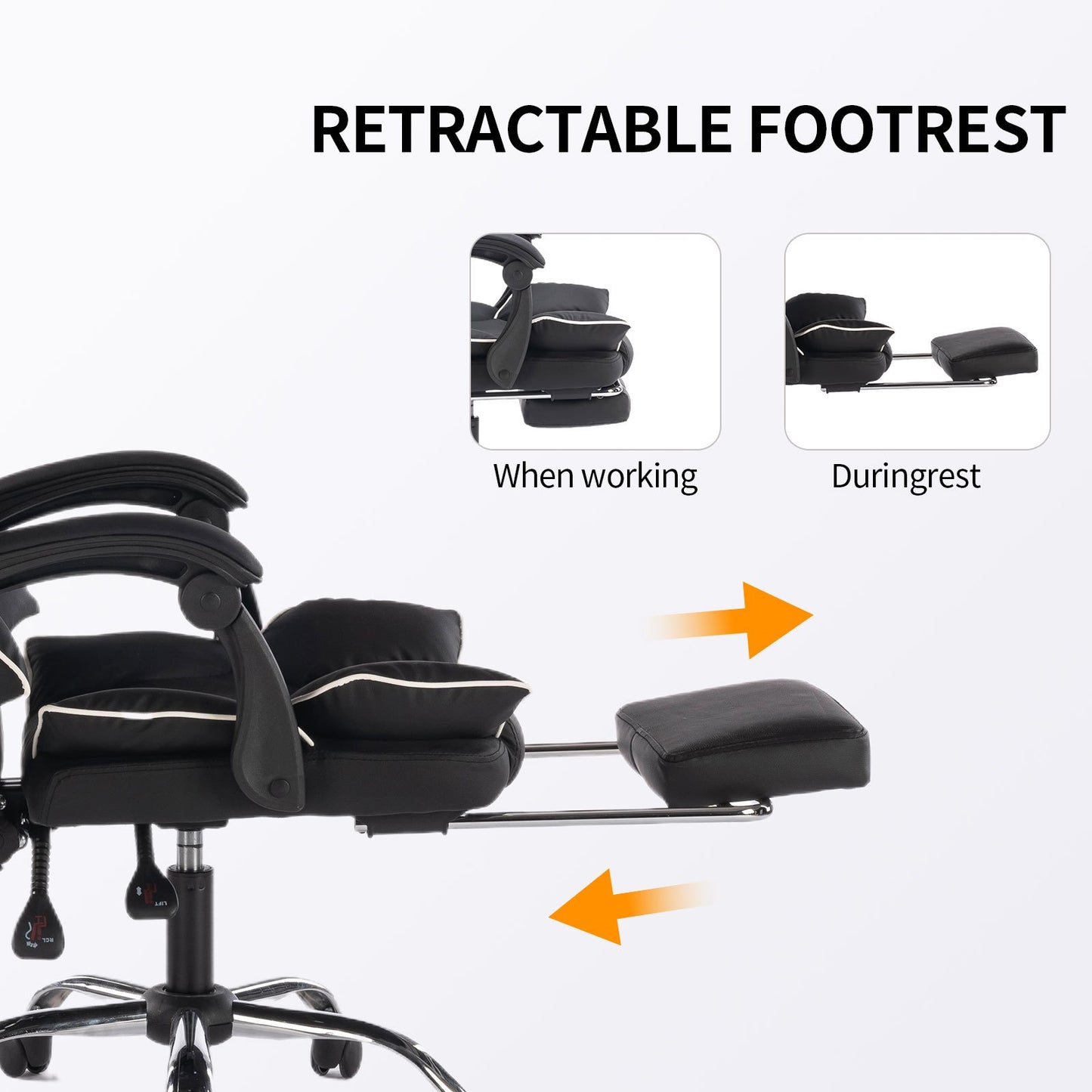 Bureaustoel – Office Chair – Gamestoel – Kantoorstoel – Draaistoel – Ergonomisch Hoog Rugontwerp – Met Uitschuifbare Voetensteun – Robuust Roestvrijstalen Frame – Zwart